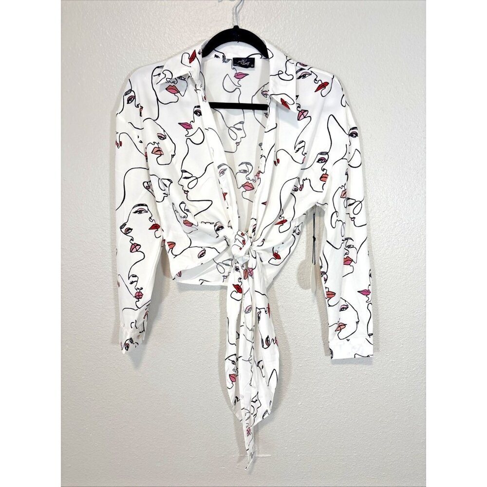 Milk & Honey All Over Face Print Crop Blouse Tie Waist Long Sleeve Size Medium